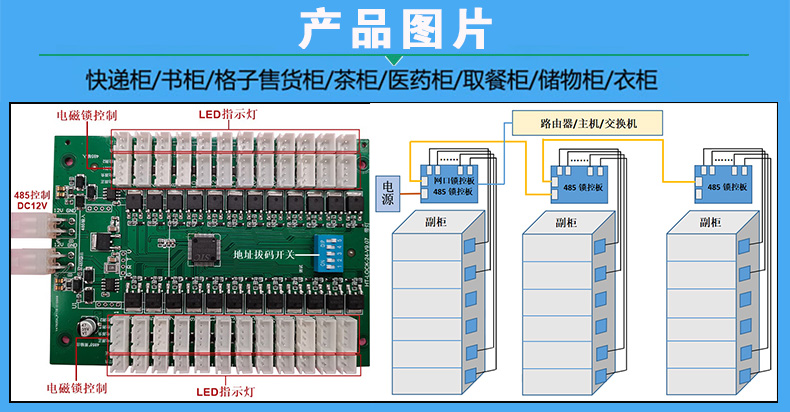  快递储物智能电子柜门锁控制模块24路锁控板LED灯指标定制软件APP小程序开发